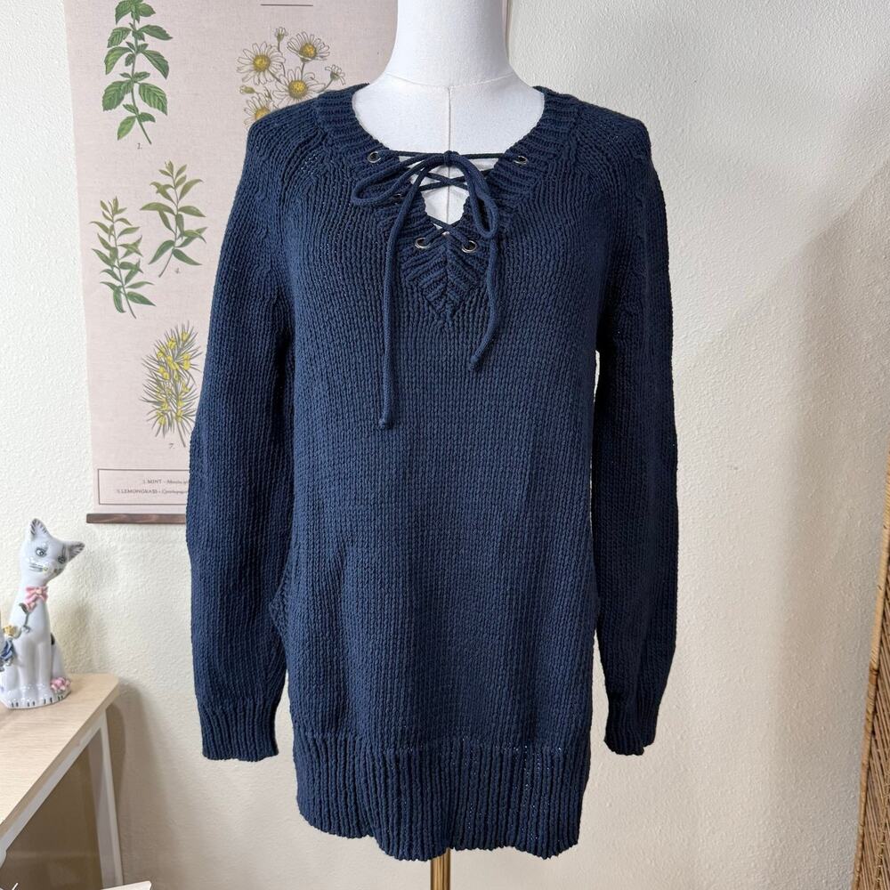 Moth Knit Lace Up Front Oversized Tunic Sweater Coastal Grandma Nautical Boho S